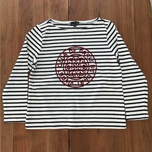 J.Crew Women's Navy Striped Boatneck Shirt with French Logo; Size Medium